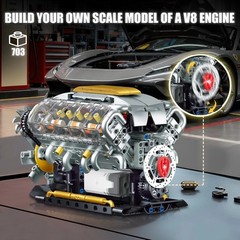 V8 Engine Model Kit with USB Motor, 703 PCS, STEM Toy for Adults & Teens