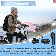 FT76X Half Twist Throttle for EBike – 22.2mm Grip, 12V-72V, Universal 3-Pin W