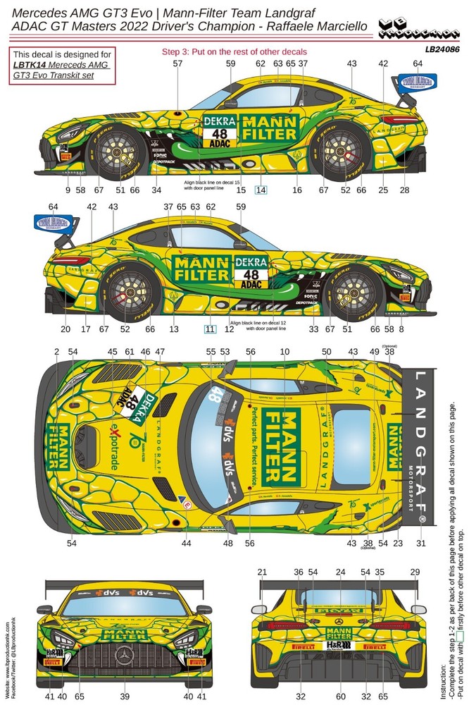 LB Production 1/24 Mercedes AMG GT3 Evo Mann-Filter ADAC ’22 Champ Decal LB24086