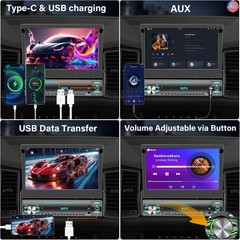 Single DIN Touchscreen Radio, Flip Up Screen Car Stereo with Bluetooth, Flip