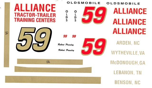 #59 Alliance Training 1988-92 Olds Robert Pressley 1/24th – 1/25th Scale Decals