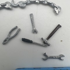 Junk Yard Mixed Plastic Model Car Parts Lot Tools Chains Pliers Hammer Wrench