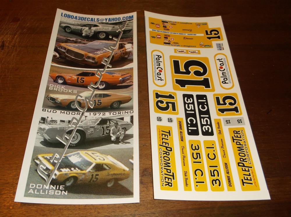 Donnie Allison #15 1972 TELEPROMPTER Torino, 1/24/25th scale decals LoboGraphix