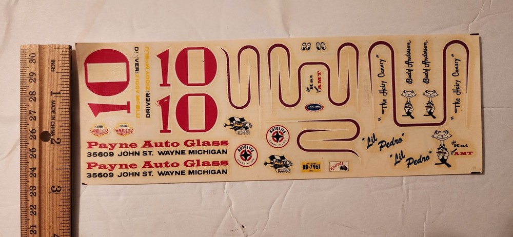 Unused 60s AMT 1:25 Vintage SD-4 # 10 Payne Auto Glass Decal Sheet Michigan