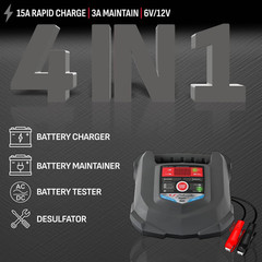 15A Car Battery Charger and Maintainer, 4-In-1 Solution, for 6V/12V Power Sport,