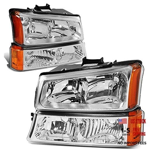Pair Headlight Assembly Compatible with 2003-2006 Chevy Chrome / Amber