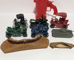 5 Vintage Miniature Toy Cars Maybe Revell, Tank, Birchbark Sovenir Canoes, Cup