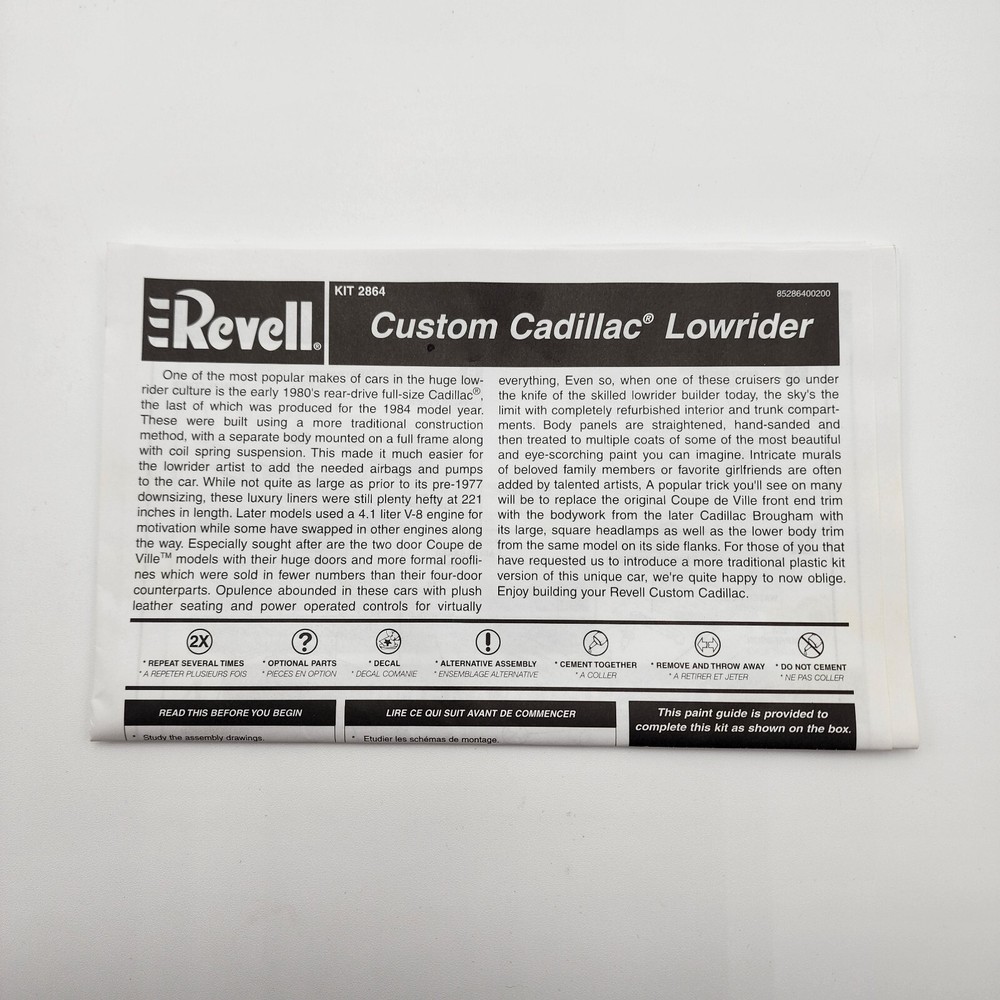 Revell 1/25 Cadillac Lowrider 85-2864 Parts Instruction Sheet Only