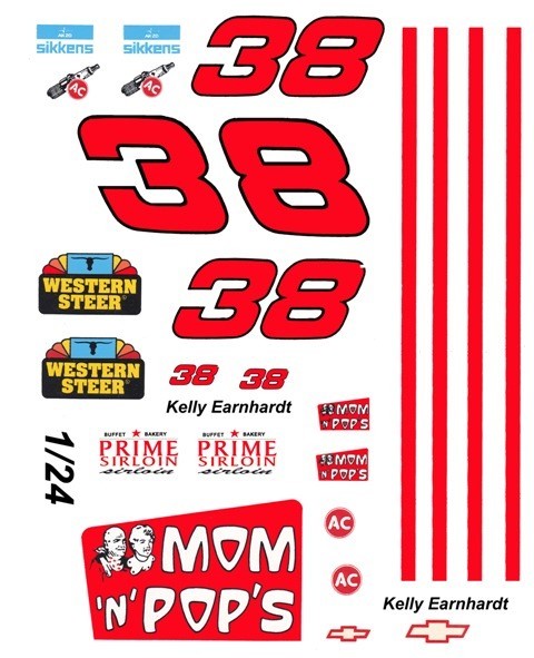 #38 Kelly Earnhardt Camaro or Lumina 1/25th – 1/24th Scale Waterslide Decals