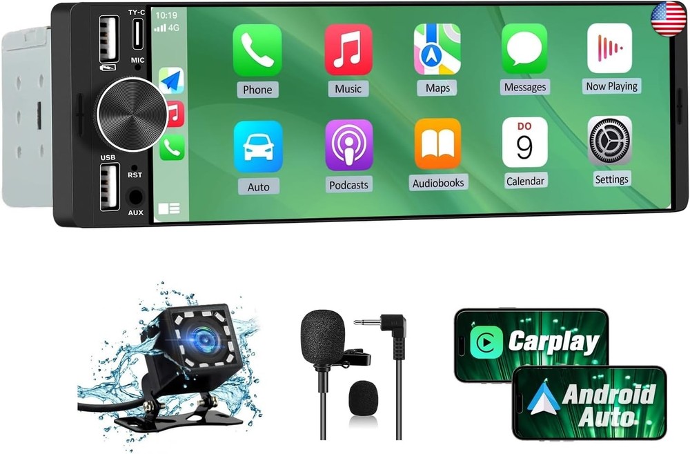 6.36″ Single Din Car Stereo with Wireless CarPlay & Android Auto, IPS