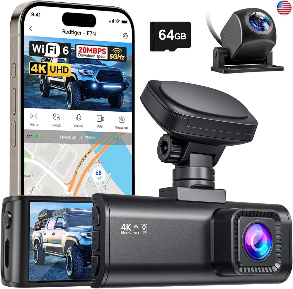 REDTIGER F7N 4K Dual Dash Cam, 5.8GHz WiFi-20 MB/s Fast Transfer, 64GB Card,