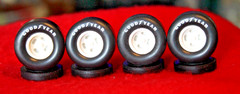 4 (GOOD/YEAR SUPER WIDE RACING SLICKS WIDE RACING WHEELS WITH STUDS & AXLES 1/25