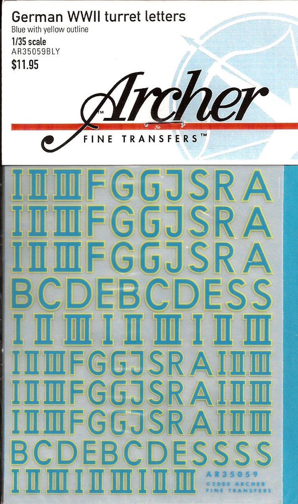 Archer German WW II Turret Letters Blue Yellow Transfer Decals AR35059BLY