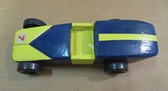 PINEWOOD DERBY CAR sleek Handmade blue and yellow painted wood BSA race VTG