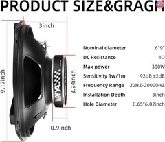 6 * 9-Inch Car Coaxial Speaker 3-Way Full Frequency High Fidelity Audio 300W