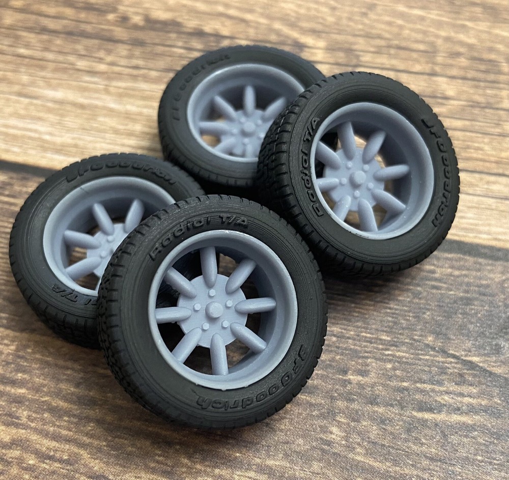 1/24 Scale: 17-inch Minilites model car wheels/tires. Resin; 3D Print