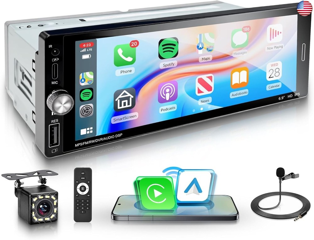 Car Stereo Single Din Wireless Carplay 6.9 inch Touch Screen Android Auto,