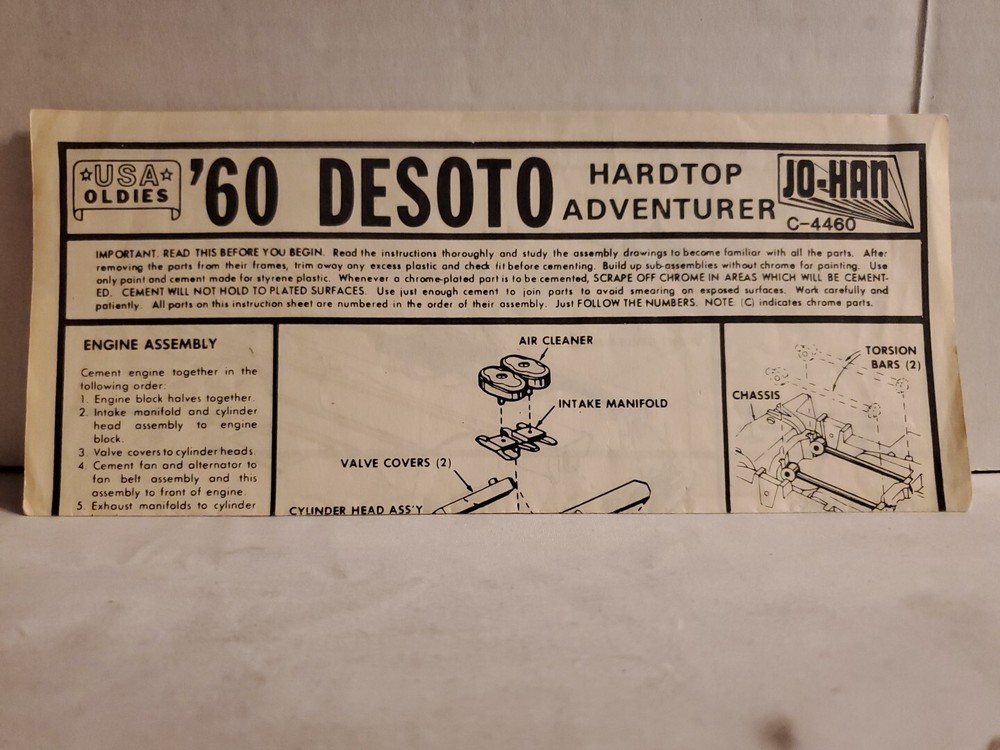 Vintage Jo-Han USA Oldies ’60 Desoto Hardtop Adventurer C-4460 Instructions Only