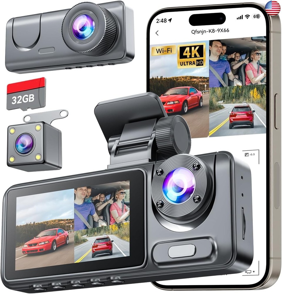 3 Channel Dash Cam for Cars Front Rear Inside, 4K WiFi Dash Cam w/ 32GB Card,
