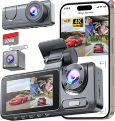 3 Channel Dash Cam for Cars Front Rear Inside, 4K WiFi Dash Cam w/ 32GB Card,