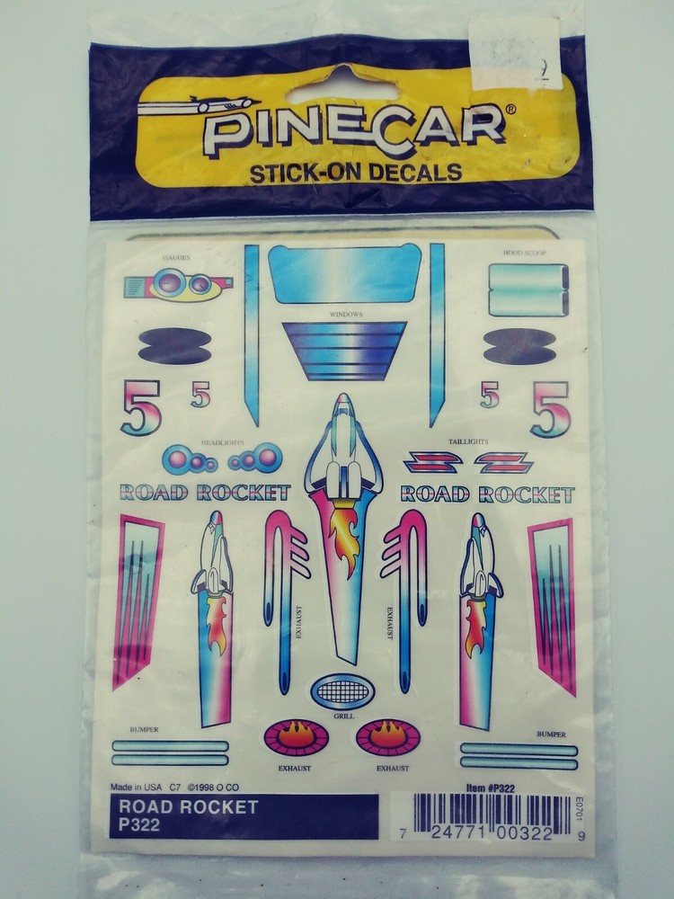 Vintage PineCar Stick-on Decals Road Rocket P322 1998