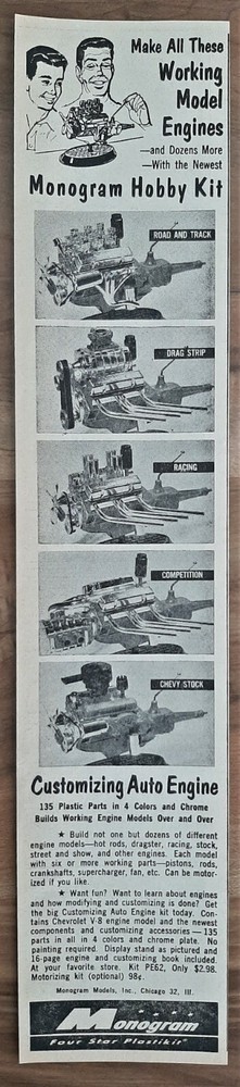 VINTAGE 1960 MONOGRAM DRAG RACING COMPETITION STOCK ENGINE MODEL ADVERTISEMENT