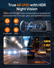 A810 Lite 4K Dash Cam Front and Rear, 5Ghz Wi-Fi 6 Dashcam, Car Camera 4G LTE Re
