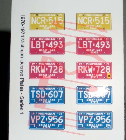 1970 – 1974 MICHIGAN miniature novelty PLATES for 1/25 scale MODEL CARS—READ