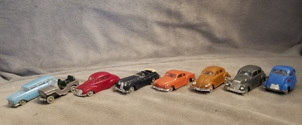 Lot of 8, 1/87, HO Scale, VTG 60’s Marx E.L.M Autos, VW BMW Jeep Mercedes Jaguar