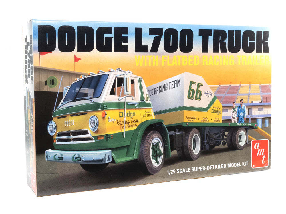 amt 1368 1/25 1966 Dodge L700 Truck with Flatbed Racing Trailer Skill 3 Model Ki