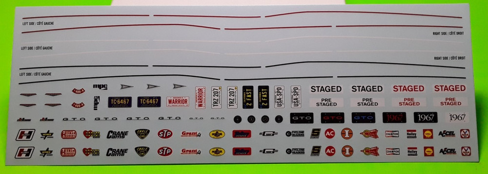 Decal Sheet Emblems 1967 GTO Pontiac 1/25 MPC Scripts Stripes Sponsor