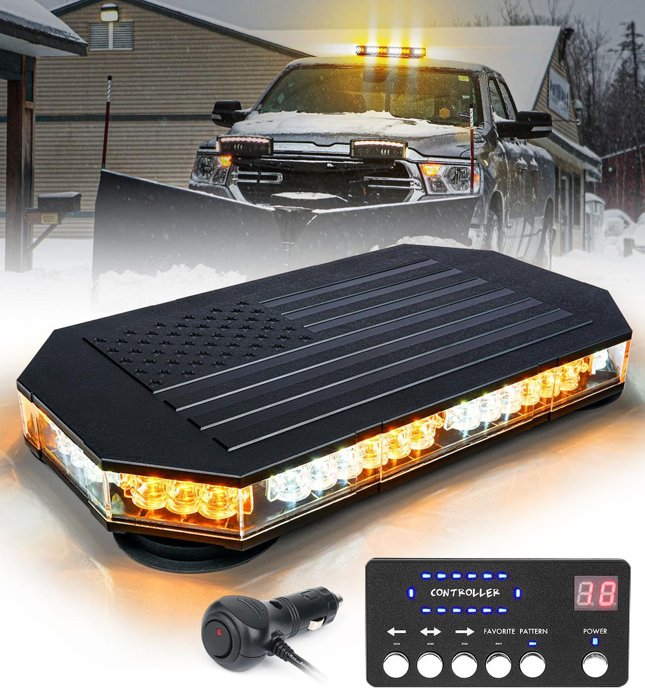 Rooftop Strobe Beacon Lights Bar W/Controller, American Flag Pattern White Amber
