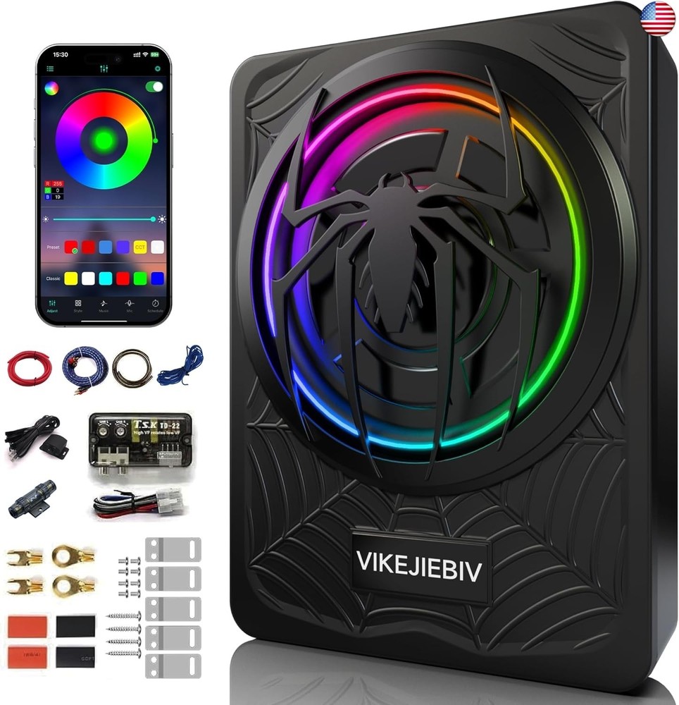 1200W RGB Subwoofer, Slim Underseat Car Subwoofer and Amp Package with RGB