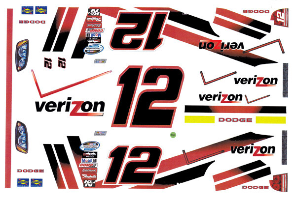 #12 Dodge Verizon 2010 Nascar 1/64th Scale Waterslide Decals
