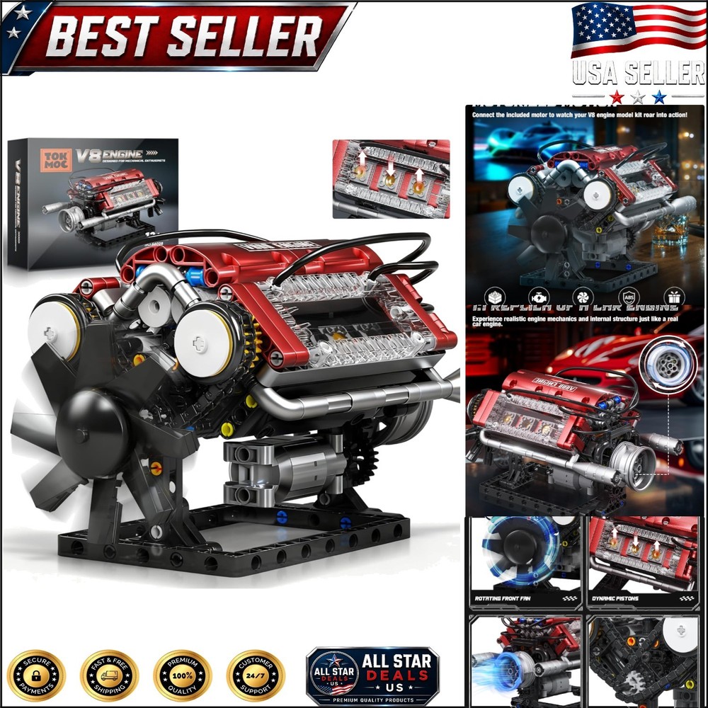 Motorized V8 Engine Building Blocks Kit – Realistic 588-Piece Model for Enthu…