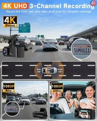 WECOOL 4K UHD 3 Channel Dash Cam Front and Rear Inside, Free 64GB Card