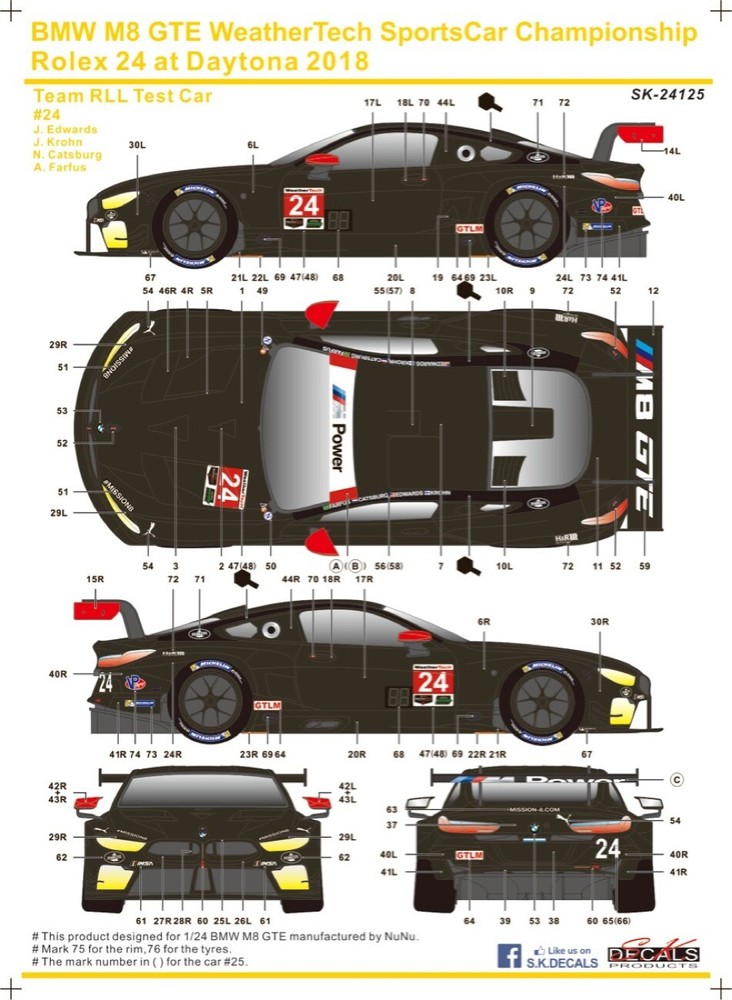 SK Decal 1/24 BMW M8 GTE Daytona 24h 2018 No.24 Full Decal for PLATZ JP 10113