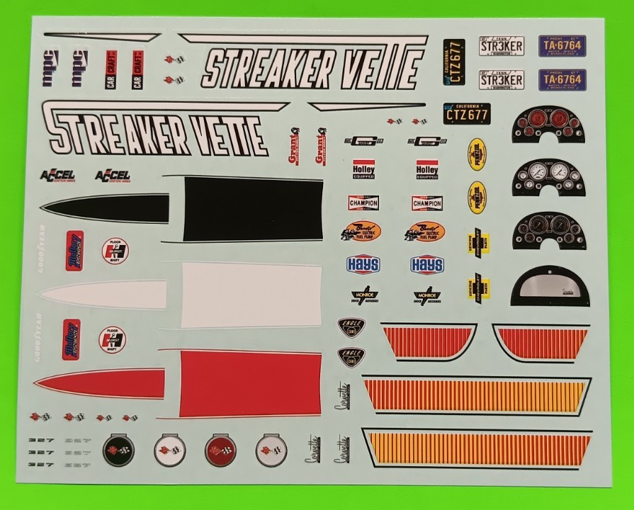 Decal Sheet 1967 Corvette Streaker Vette MPC 1/25 Emblems Dash Cluster Stingers