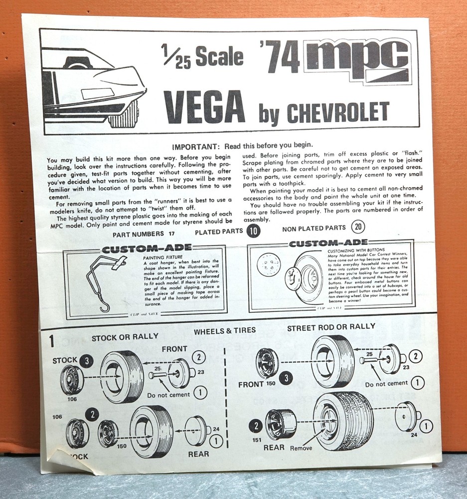 1/25 MPC ’74 VEGA by CHEVROLET # 1-7427-250 (INSTRUCTIONS ONLY)