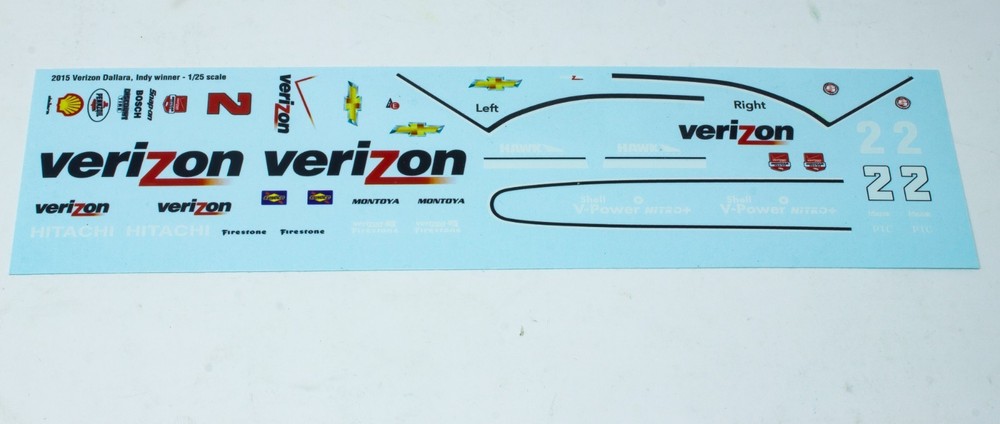1/25 2015 Verizon Dallara Chevy Waterslide Decal sheets Indy Juan Montoya