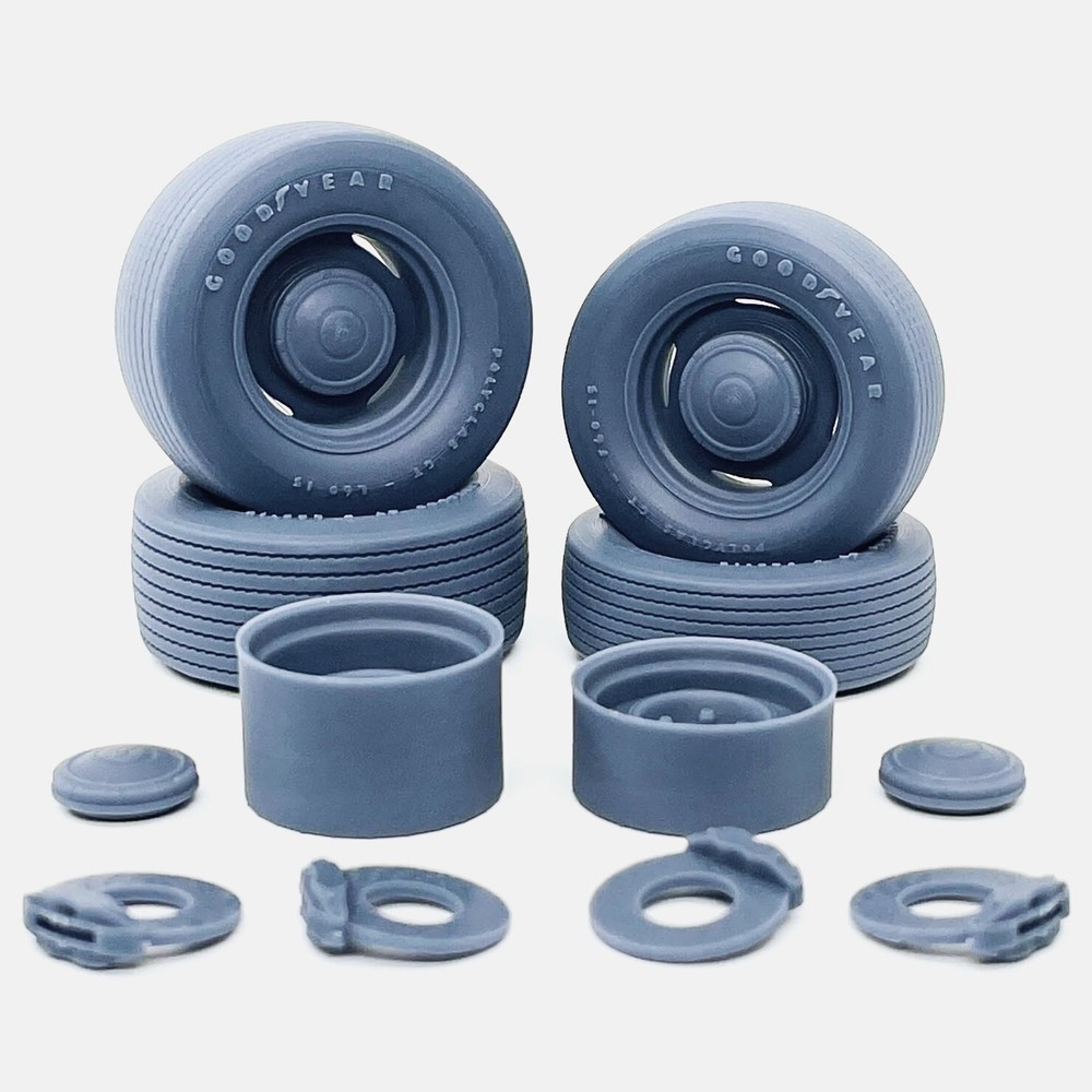 1/24 Resin 15 inch Mopar Steelie Wheels, Goodyear Polyglas Tires, and Brake Set