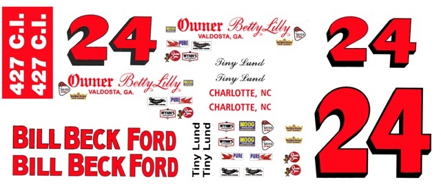 #24 Tiny Lund 1965-66 Ford Galaxie Bill Beck Ford 1/24th – 1/25th Scale Decals