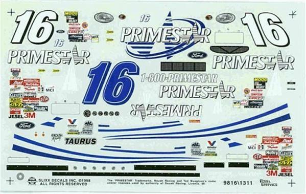 Slixx 1311 #16 Primestar 1998-Ted Musgrave Nascar decal