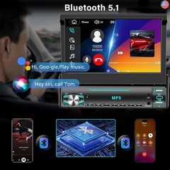 Single DIN Touchscreen Radio, Flip Up Screen Car Stereo with Bluetooth, Flip