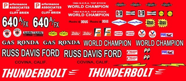 Gas Rhonda 1964 Ford Thunderbolt Russ Davis Ford 1/24th – 1/25th Decals Drag
