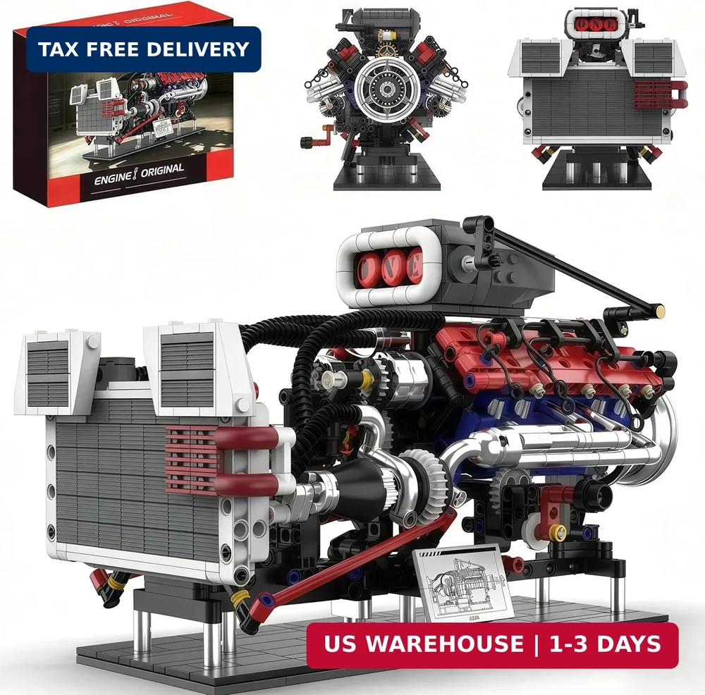 V8 Supercharged Engine Model Set MOC 8-Cylinder Car Motor Kit That Runs 1151PCS
