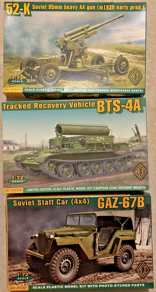 ACE 1/72 Soviet 85mm Heavy AA Gun, Recovery Vehicle BTS-4A, GAZ-67B Model Kits