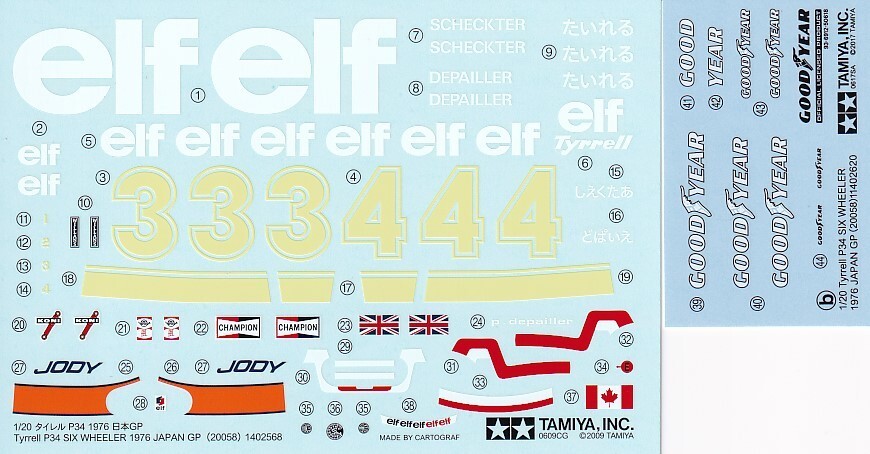 Tamiya’s Decals for 1/20 Tyrrell P34 SIX WHEELER 1976 F1. Item20058 from JAPAN