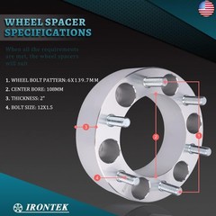IRONTEK 6×139.7mm/6×5.5 Wheel Spacer (2in, M12x1.5 Stud, 108mm Hub Bore) for