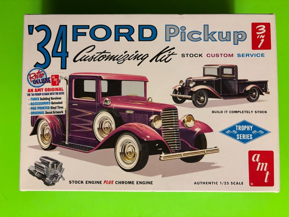 1934 FORD PICKUP TRUCK CUSTOMIZING 3N1 MODEL KIT AMT ROUND 2 1/25 SCALE NEW LOOK